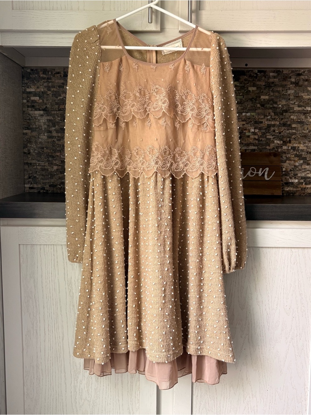 A'Reve Lace-Trim Knit Dress in Taupe and Cream
